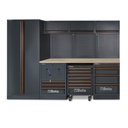 Beta Tools C45PRO HW Workshop equipment combination, multi-ply wood worktop, 2 built-in reels, roller cab drawers, wall mounted cabinets, tool panels, wall brackets.