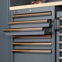 Beta Tools C45PRO HW Workshop equipment combination, multi-ply wood worktop, 2 built-in reels, roller cab drawers, wall mounted cabinets, tool panels, wall brackets.