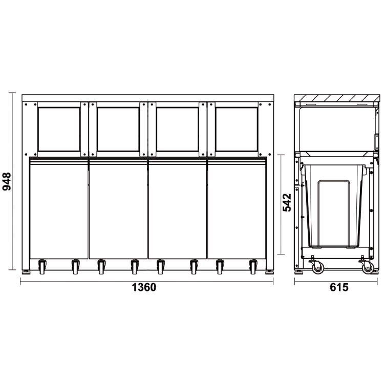 Beta Tools C45PRO 2.0 RD/X Fixed sorted waste collection x4 Refuse Bins module, for workshop equipment combination C45PRO 2.0