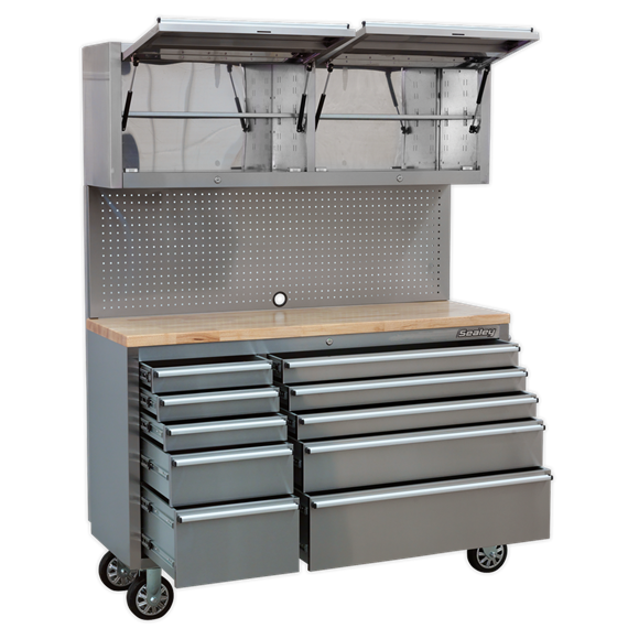 Sealey AP5520SS Custom Workshop Mobile Stainless Steel Tool Cabinet 10 Drawer with Backboard & 2 Wall Cupboards