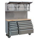 Sealey AP5520SS Custom Workshop Mobile Stainless Steel Tool Cabinet 10 Drawer with Backboard & 2 Wall Cupboards