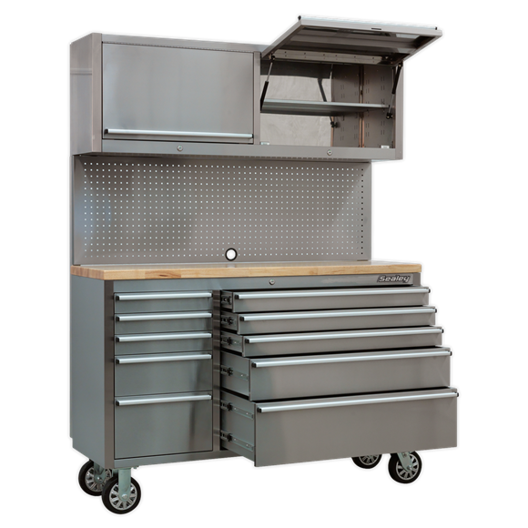Sealey AP5520SS Custom Workshop Mobile Stainless Steel Tool Cabinet 10 Drawer with Backboard & 2 Wall Cupboards