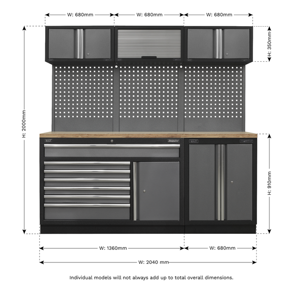 Sealey APMSSTACK11W Superline Pro Automotive Workshop Garage Storage System with Pressed Wood Worktop 2.04m