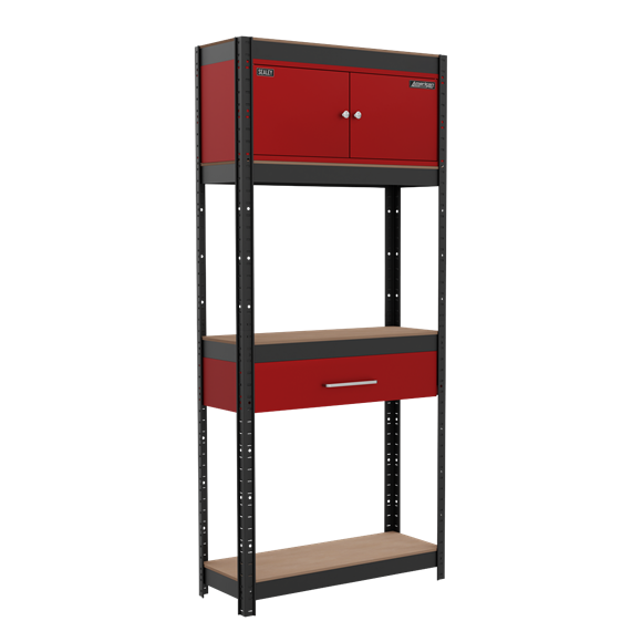 Sealey AP830R Shelving Unit 4-Tier with Cupboard & Drawer 150kg Capacity Per Level
