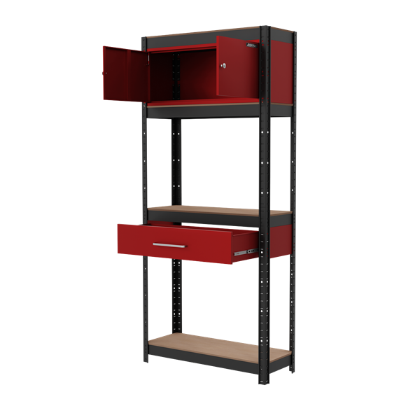 Sealey AP830R Shelving Unit 4-Tier with Cupboard & Drawer 150kg Capacity Per Level
