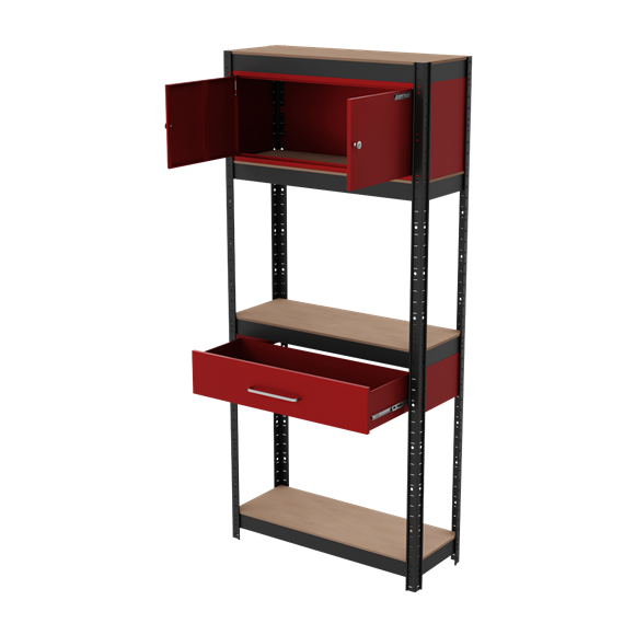 Sealey AP830R Shelving Unit 4-Tier with Cupboard & Drawer 150kg Capacity Per Level
