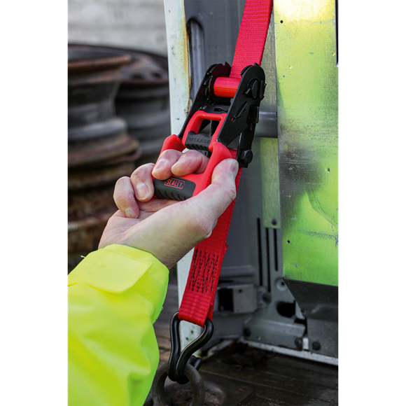 Sealey TD41248JD Ratchet Straps Polyester Webbing with J-Hooks 32mm x 4.9m 1200kg Breaking Strength - 2 Pairs