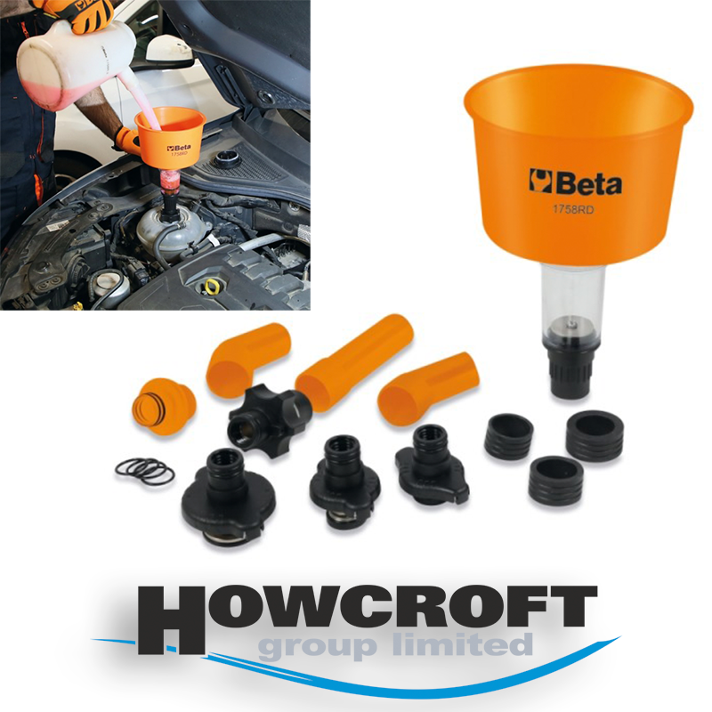 BETA Tools 1758RD Coolant funnel with quick couplings, 1600 ml capacity, with non-return valve, to avoid air bubble formation