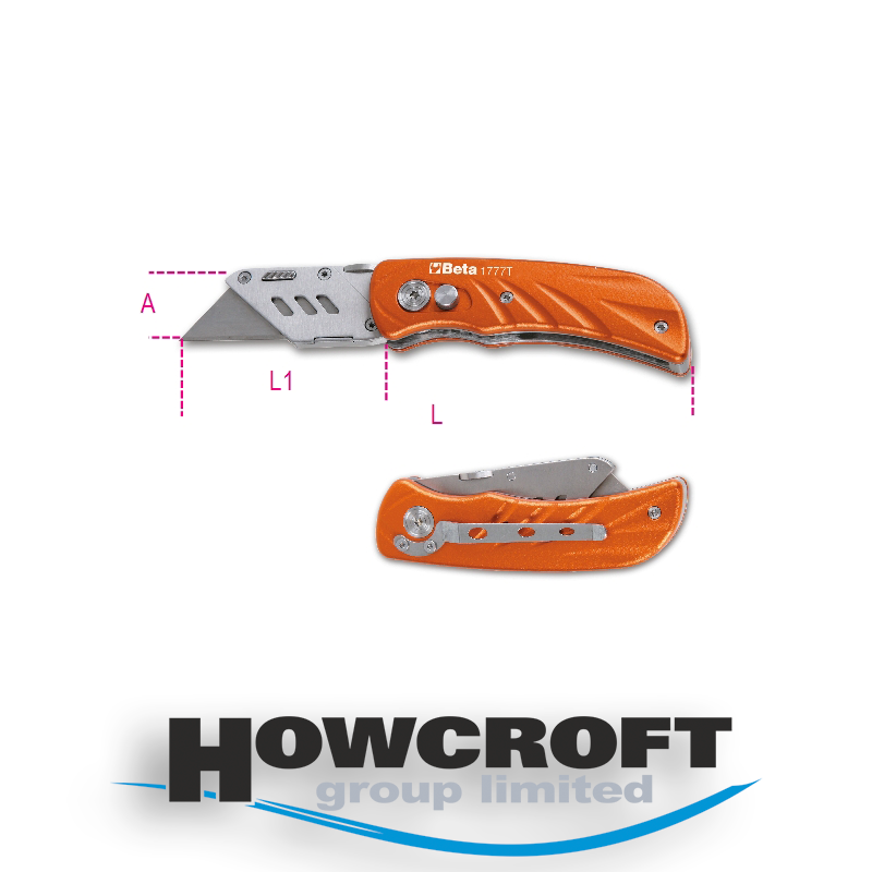 Beta Tools 1777T Foldaway knife with trapezoidal blade, aluminum handle  5 spare blades
