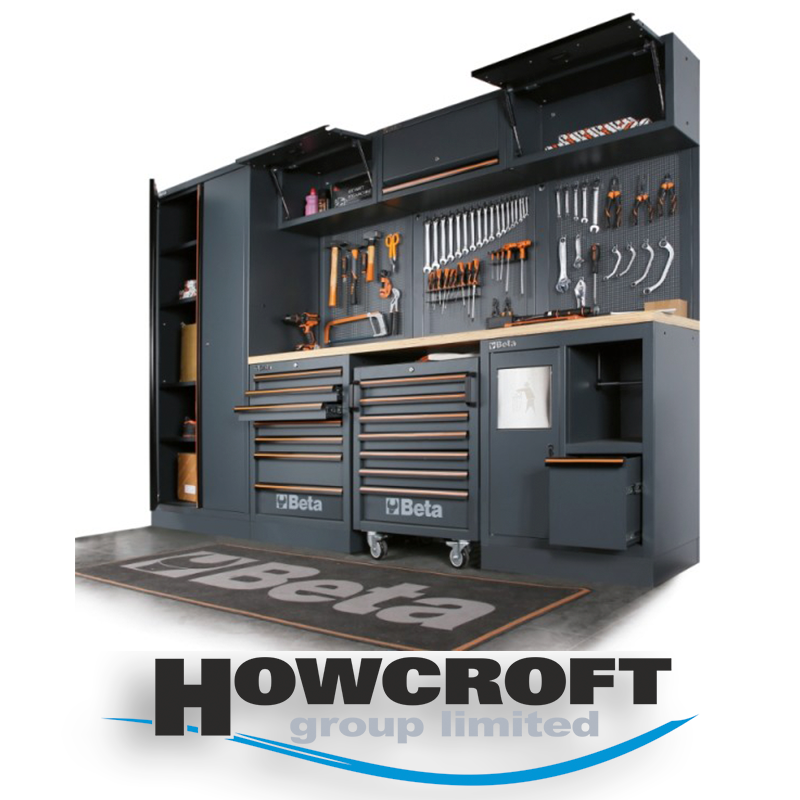 Beta Tools C45PRO HW Workshop equipment combination, multi-ply wood worktop, 2 built-in reels, roller cab drawers, wall mounted cabinets, tool panels, wall brackets.