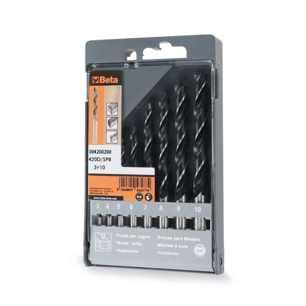 Beta Tools 420D/SP8 Set of twist drills with cylindrical shanks, for wood, 2 cutters, centre guide drill bits