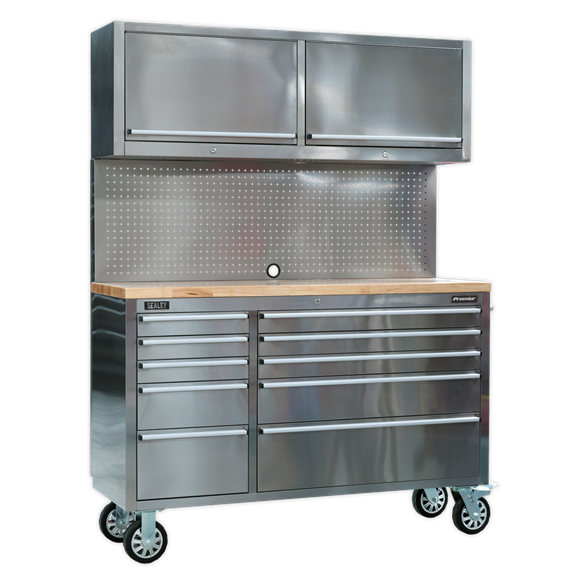 Sealey AP5520SS Custom Workshop Mobile Stainless Steel Tool Cabinet 10 Drawers with Backboard & 2 Wall Cupboards