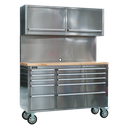 Sealey AP5520SS Custom Workshop Mobile Stainless Steel Tool Cabinet 10 Drawers with Backboard & 2 Wall Cupboards