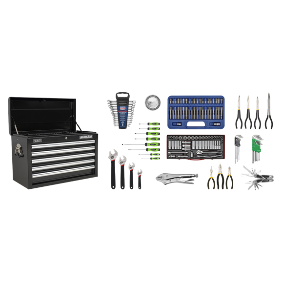 Sealey AP33059BCOMBO Superline Pro Tool Box Storage - Topchest 5 Drawer with 139pc Tool Kit - Black