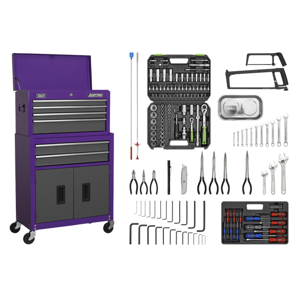Sealey American Pro AP2200COMBOCP Topchest & Rollcab Tool Storage Combination 6 Drawer with 170pc Tool Kit - Purple / Grey