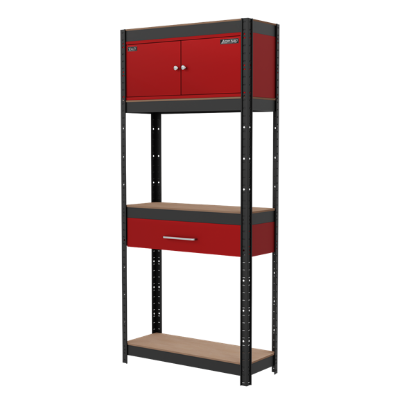 Sealey AP830R Shelving Unit 4-Tier with Cupboard & Drawer 150kg Capacity Per Level
