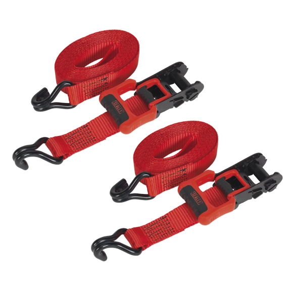 Sealey TD41248JD Ratchet Straps Polyester Webbing with J-Hooks 32mm x 4.9m 1200kg Breaking Strength - 2 Pairs