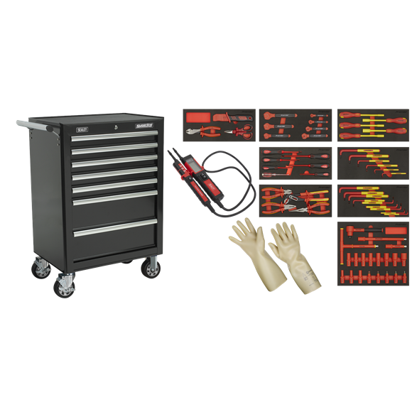 Sealey TBTECOMBO2 Insulated Tool Kit with 7 Drawer Rollcab 63pc VDE Approved - EV Vehicle Cars Servicing, Maintenance & Repair