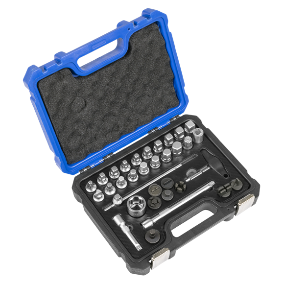 Sealey AK758 Master Oil Drain Plug Removal Kit 33pc. Master kit for removing oil drain plugs from engines, gearboxes and back axles.