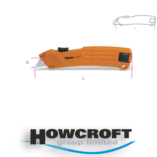 [1772H] Beta Tools 1772H Safety utility knife with retractable blade, supplied with 2 blades, Die-cast alloy body, Spare blade in handle