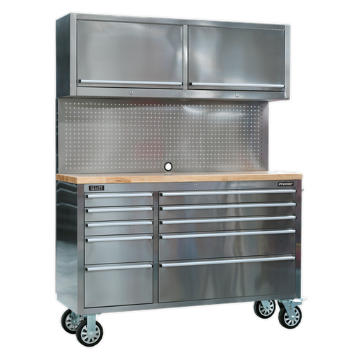 [AP5520SS] Sealey AP5520SS Custom Workshop Mobile Stainless Steel Tool Cabinet 10 Drawers with Backboard & 2 Wall Cupboards