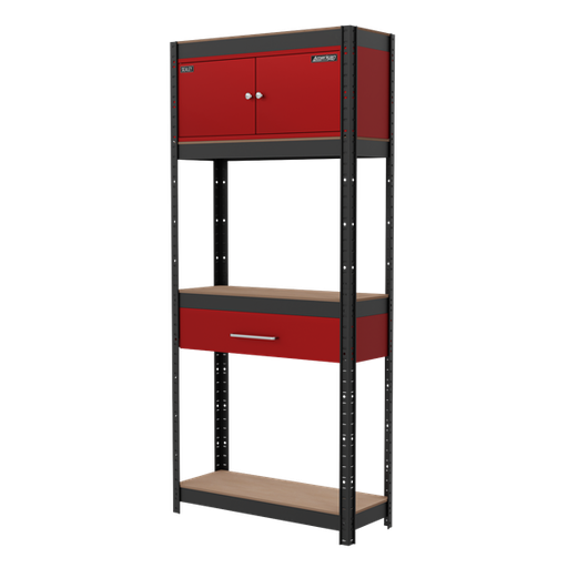 [AP830R] Sealey AP830R Shelving Unit 4-Tier with Cupboard & Drawer 150kg Capacity Per Level
