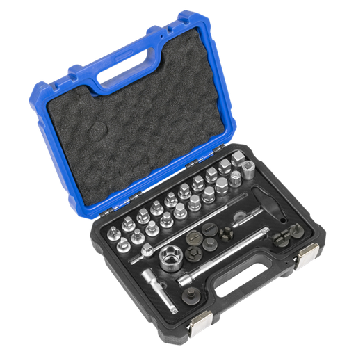 [AK758] Sealey AK758 Master Oil Drain Plug Removal Kit 33pc. Master kit for removing oil drain plugs from engines, gearboxes and back axles.