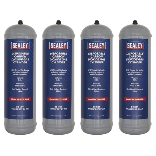 [CO21KGD4] Sealey CO21KGD4 Disposable Carbon Dioxide Gas Cylinder 1.3kg - Pack of 4 - Portable, lightweight cylinder for mobile welder.